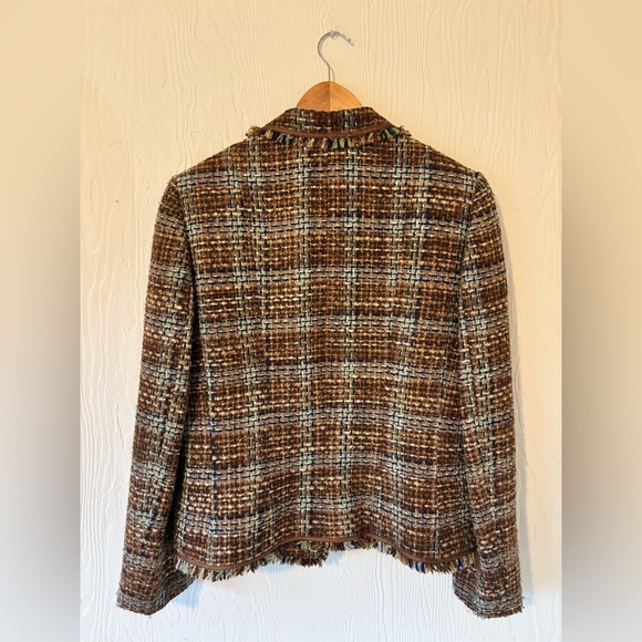 Vintage TAHARI Brown Wool Blend Tweed Plaid Knit Raw Hem Fringe Blazer Jacket - Picture 6 of 12